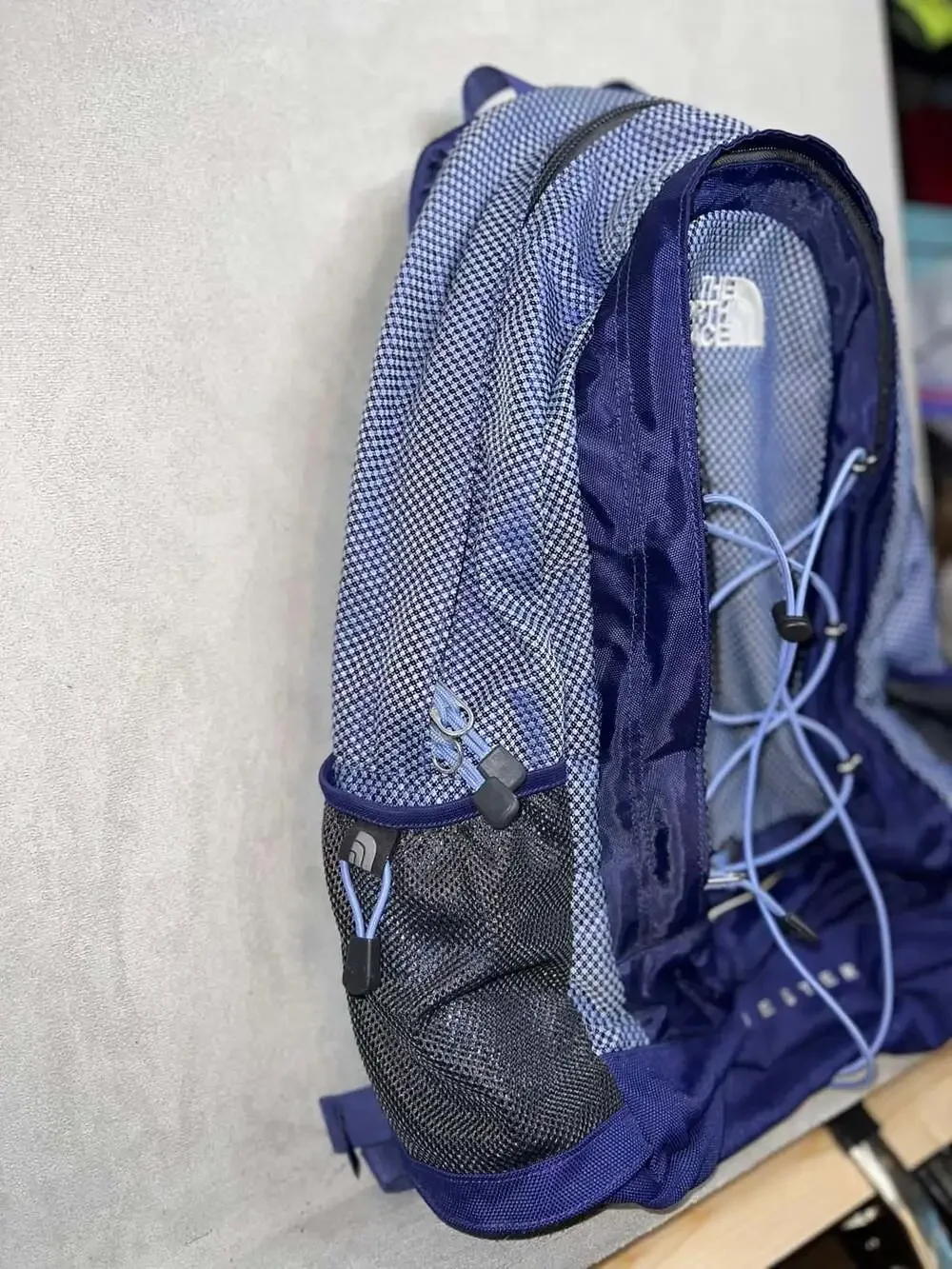 The North Face Jester Backpack Blue White Checkered Bungee Hiking School